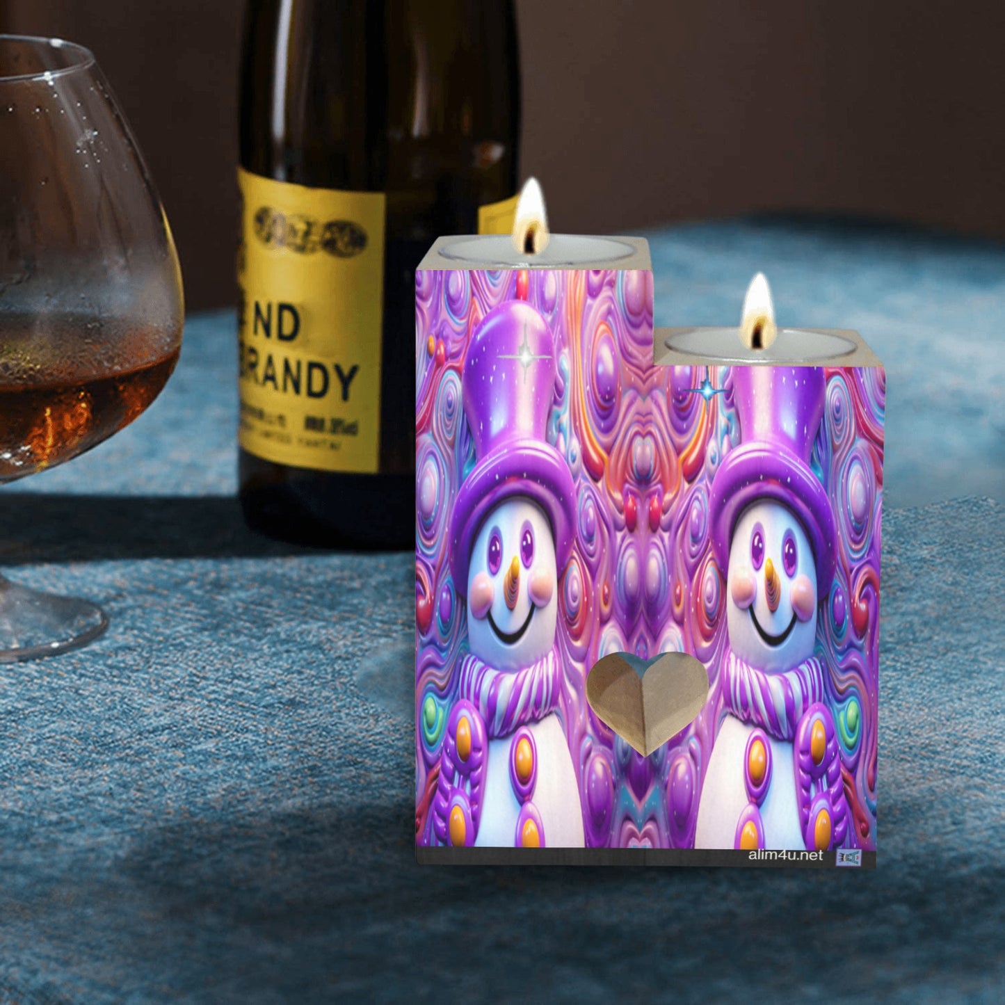 ALIM4U- Purple Snowman Wooden Heart Candle Holder