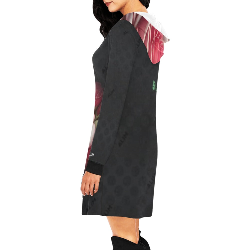 ALIM4U- Large Pink and Red Roses Women's All Over Print Hoodie Mini Dress(Model H27)