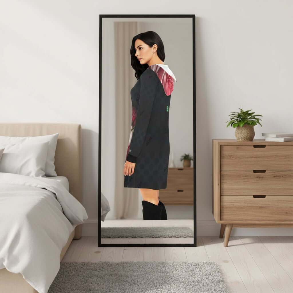 ALIM4U- Black Hoodie Mini Dress Large Pink and Red Roses