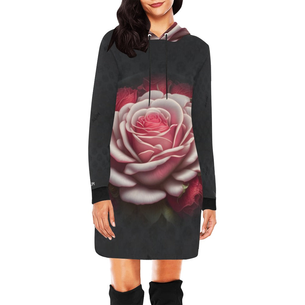 ALIM4U- Large Pink and Red Roses Women's All Over Print Hoodie Mini Dress(Model H27)