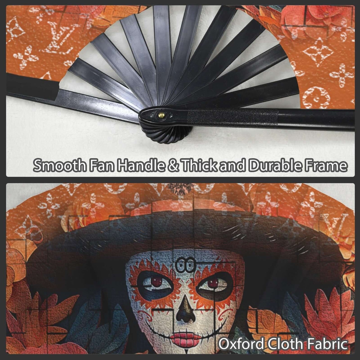 Fan 90 Folding Clack Fan multi colored floral butterflies Decorative fan with a mask design on an orange fabric background, featuring text about fan handle and fabric quality.