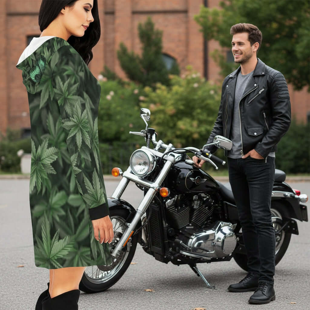 ALIM4U-Black Mini Hoodie Dress with Green Marijuana Leaves