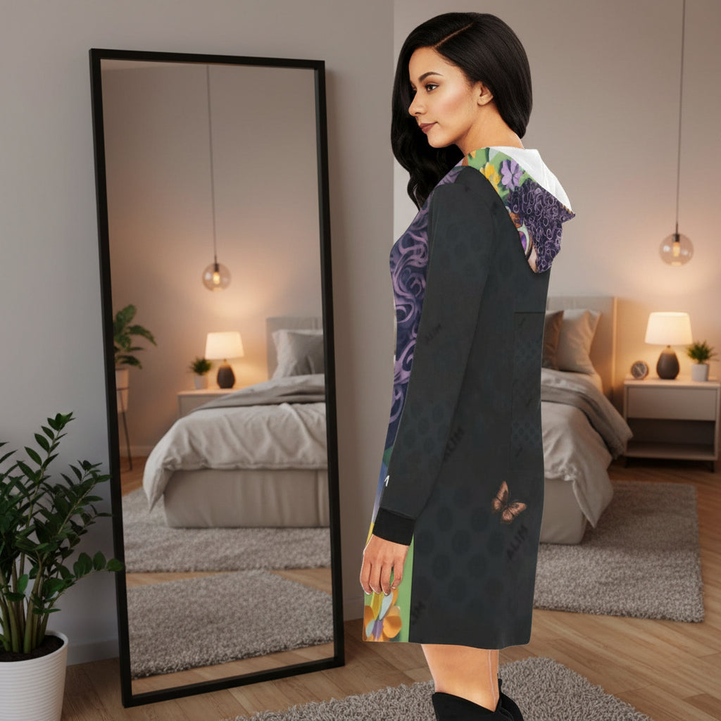 Black dress with colorful abstract patterns on a white background