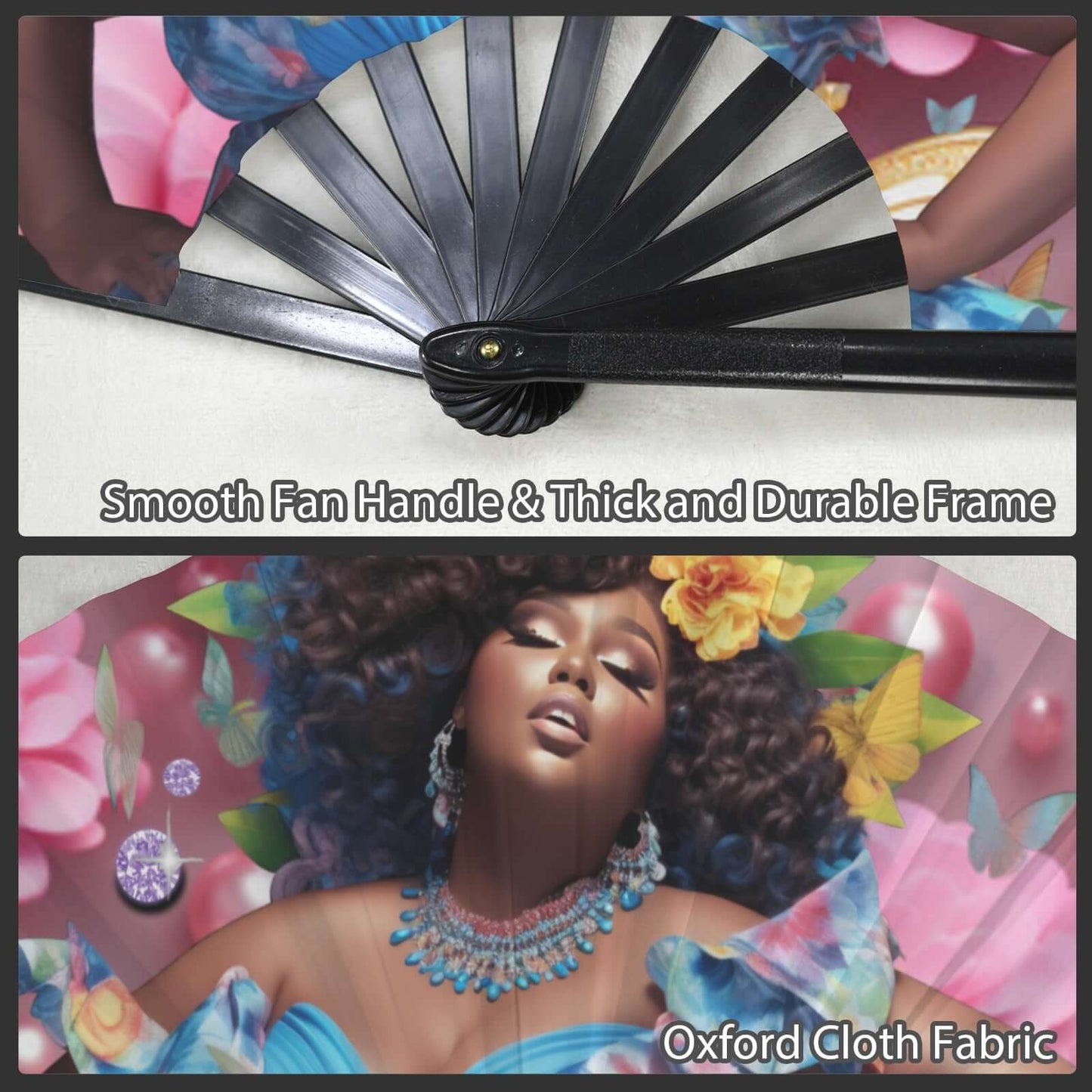 Folding Clack Fan 60 multi colored floral butterflies Collage of a hand holding a fan with text about fan handle and frame quality, and a woman in a colorful dress with jewelry.