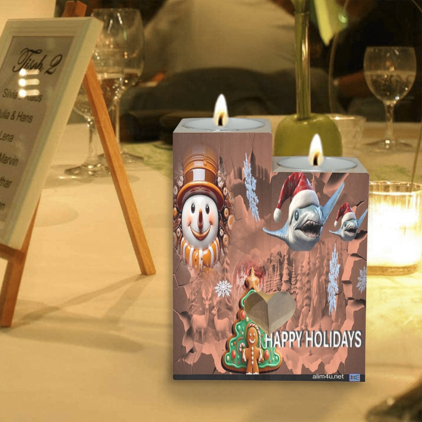 ALIM4U- Shark and Snowman Christmas Wooden Heart Candle Holder