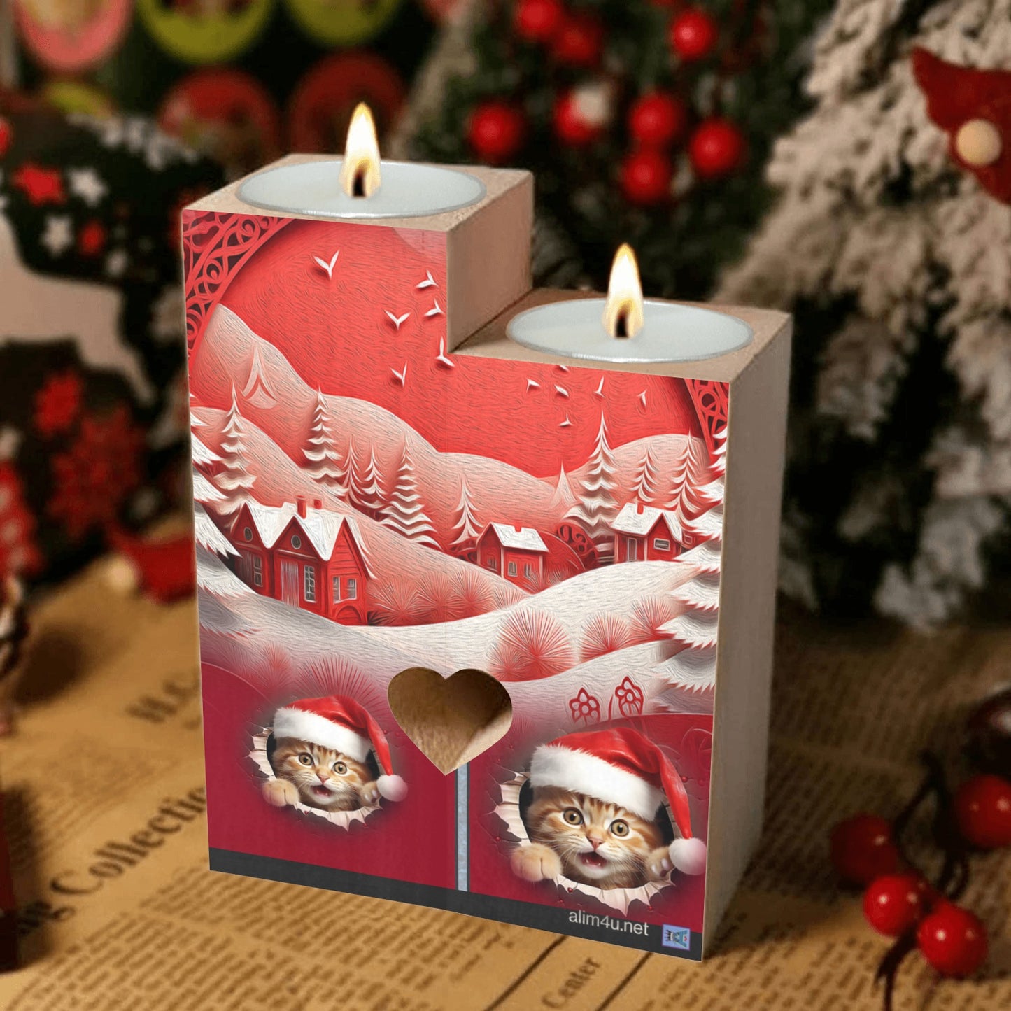 ALIM4U- Kittys Christmas 2 Wooden Heart Candle Holder