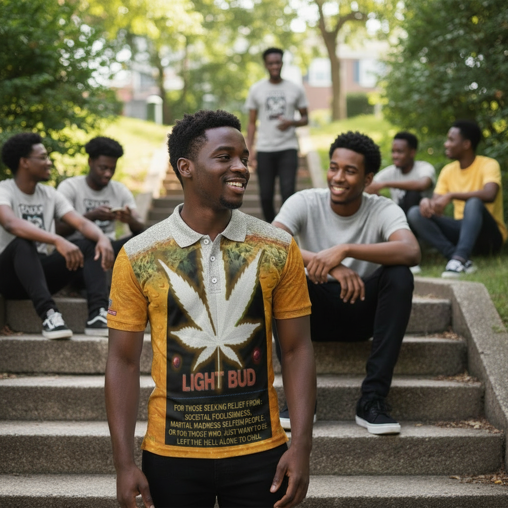 Man wearing a 'Light Bud' shirt with friends in the background on outdoor steps