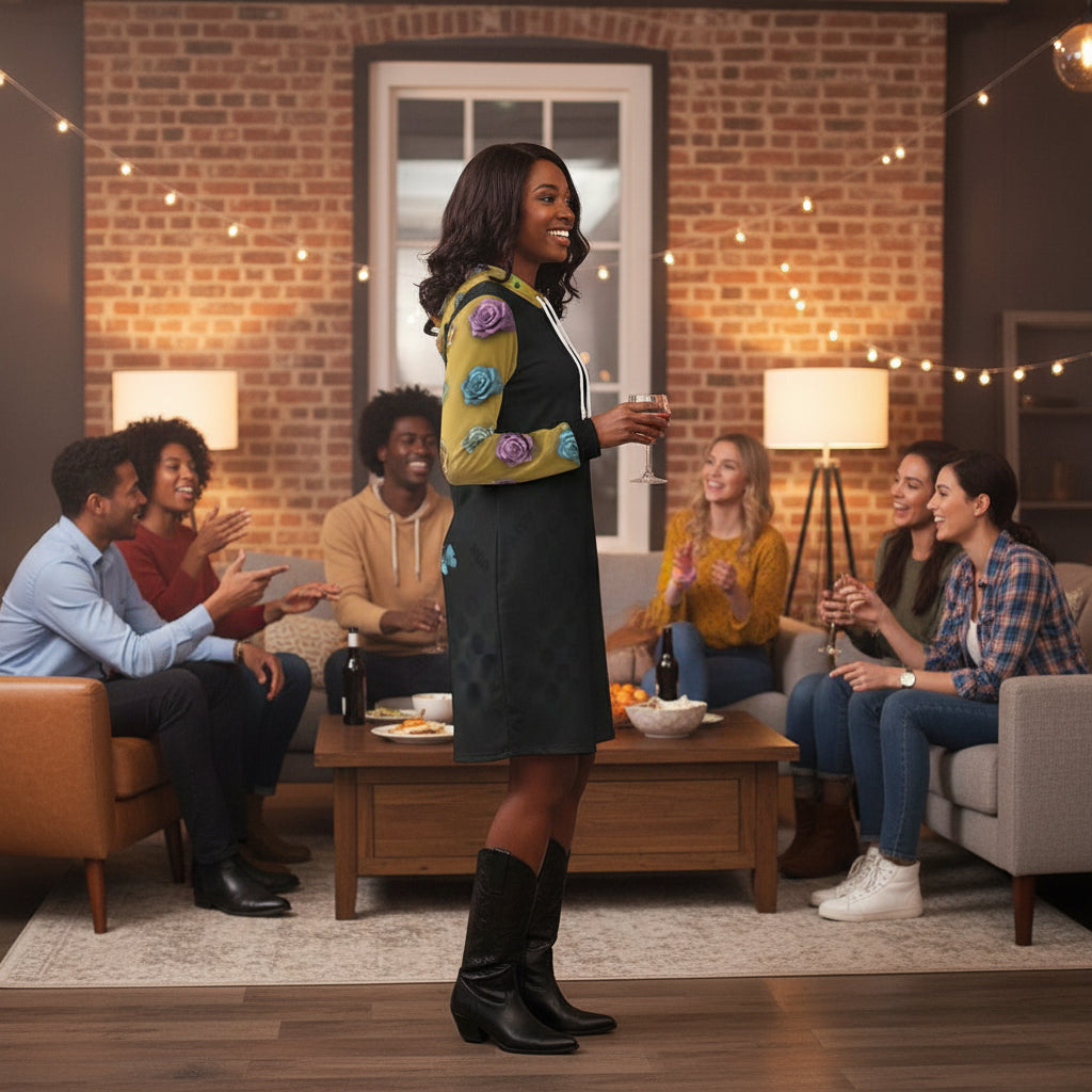 Black dress with colorful floral and butterfly patterns on a white background