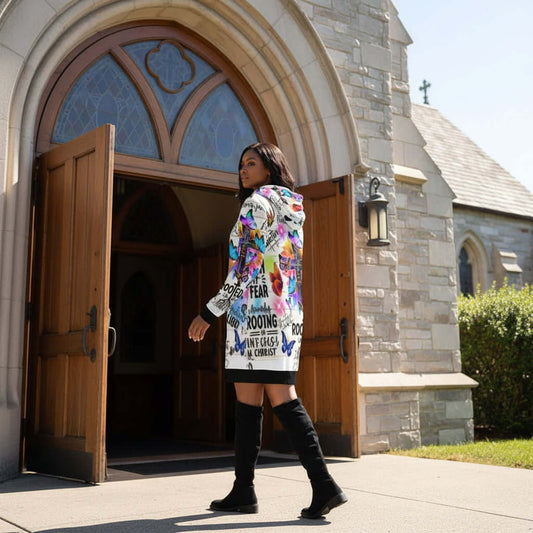 Mini Dress Multi-colored Faith Text and Cross Hoodie Woman walking out of a church with a colorful jacket