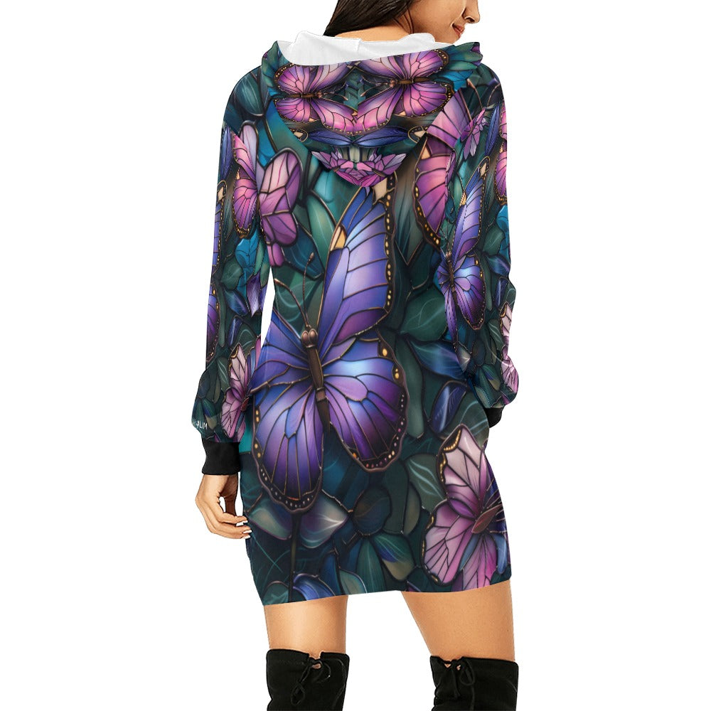 ALIM4U- Stained Glass Butterfly Print Women's All Over Print Hoodie Mini Dress(Model H27)