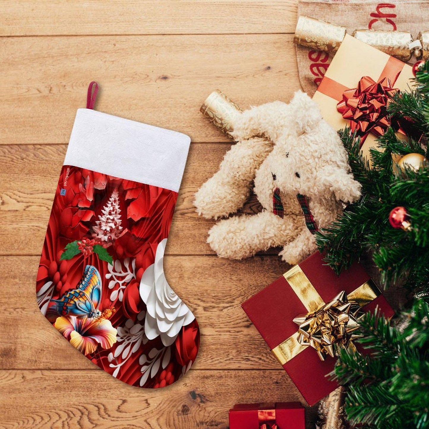 ALIM4U- Floral with monarch butterfly Santa Stocking with a red and white theme, the butterfly adds a taste of orange and teal.