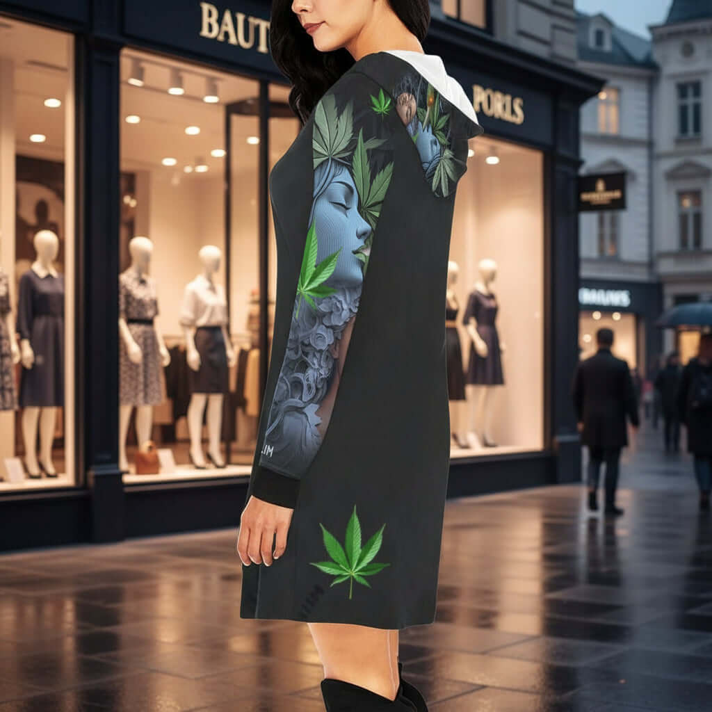Mini Dress Hoodie 3 Black Marijuana Smoking Women Black dress with cannabis leaf design on a white background
