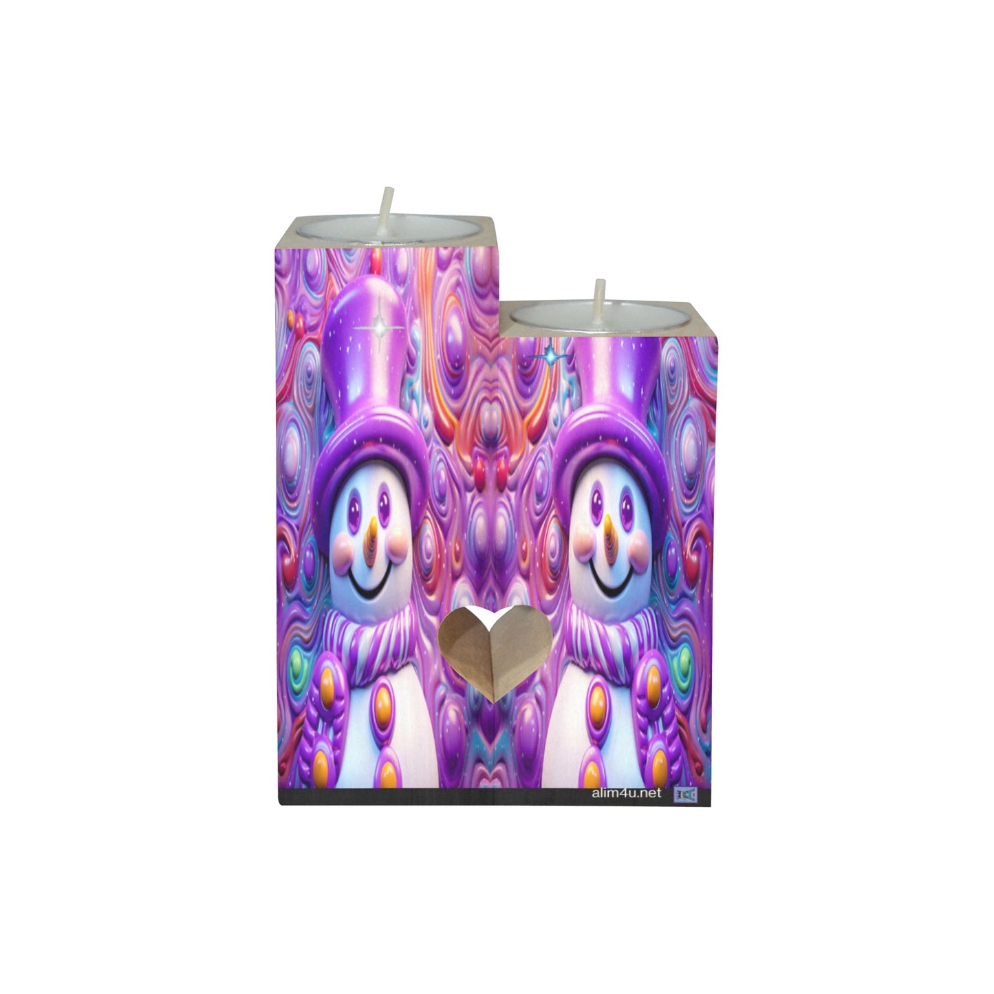ALIM4U- Purple Snowman Wooden Heart Candle Holder