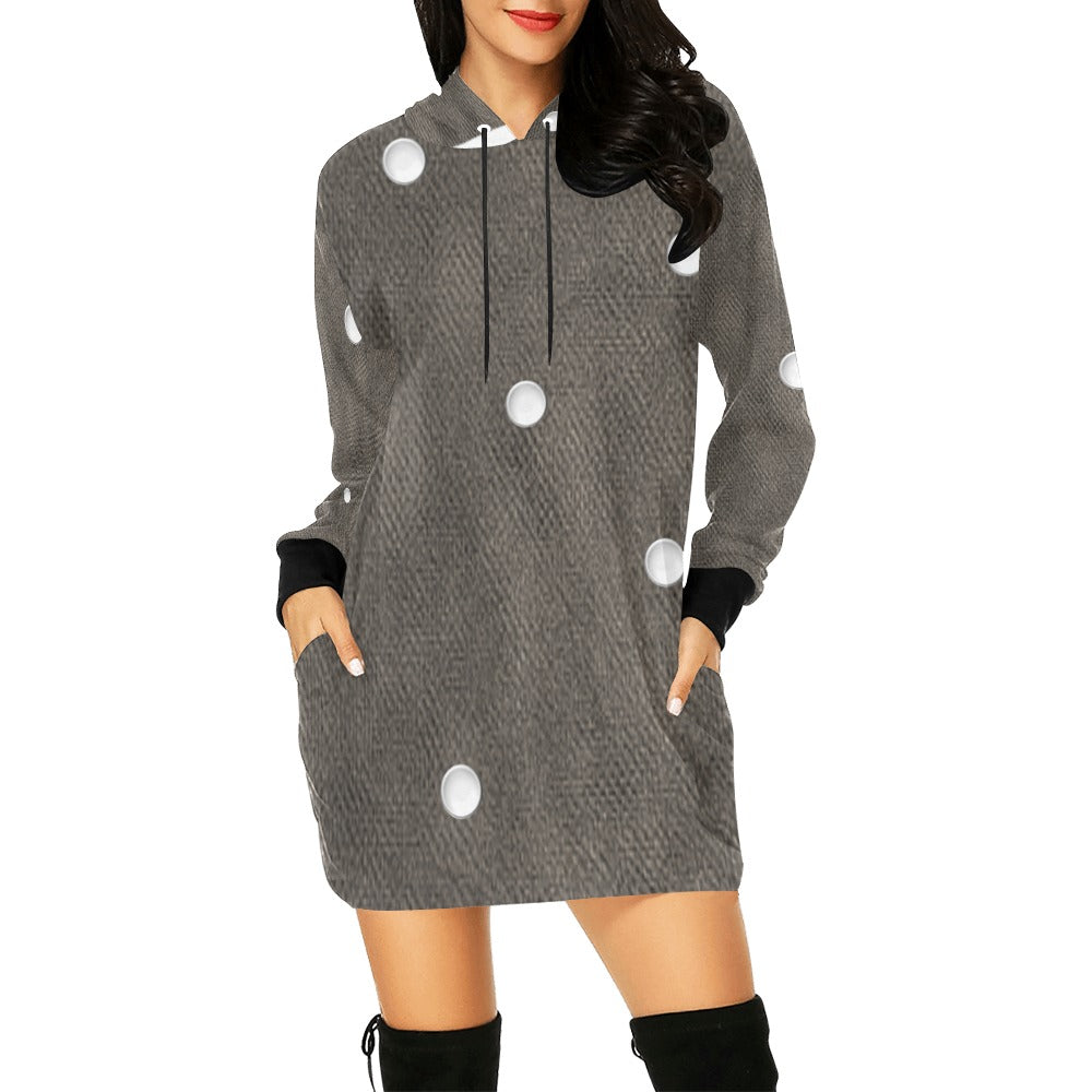 ALIM4U- Gray and White Dots Sweatshirt Dress Women's All Over Print Hoodie Mini Dress(Model H27)