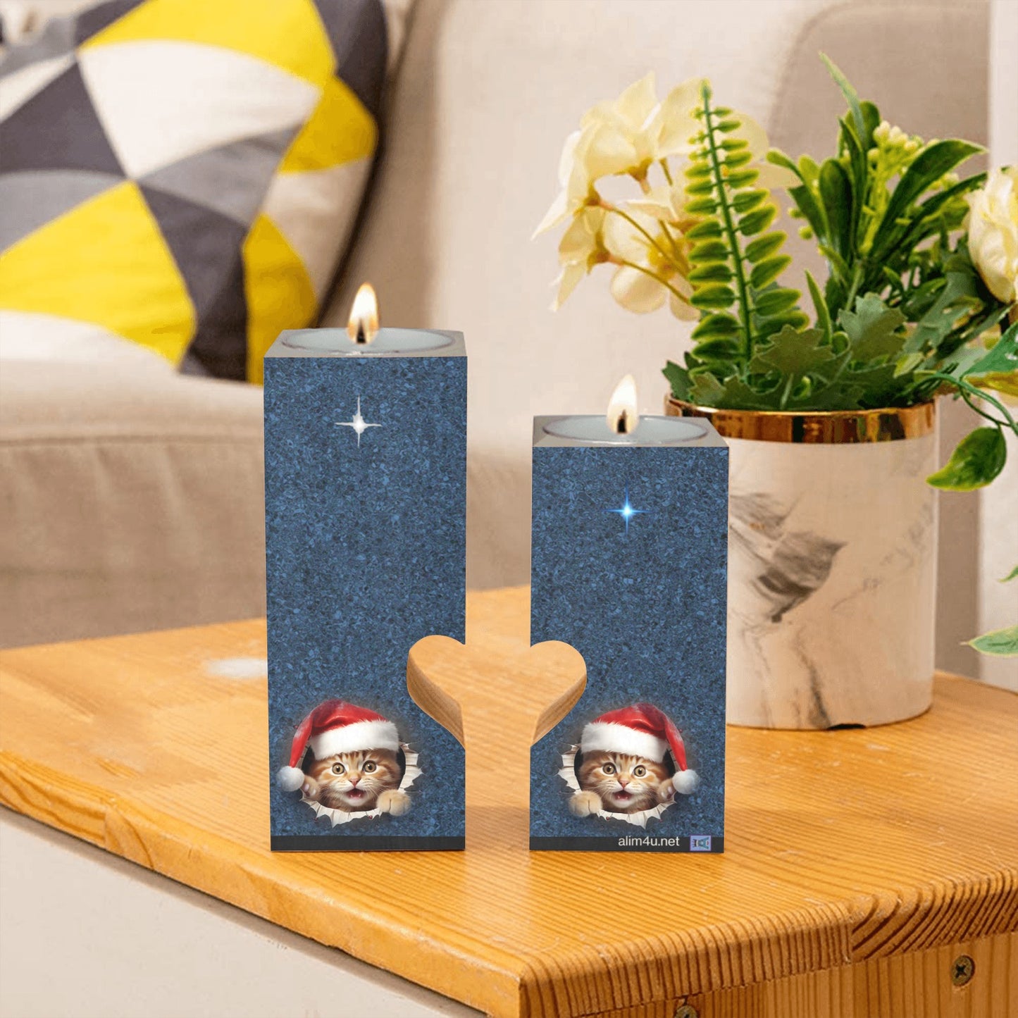 ALIM4U- Kittys Christmas Wooden Heart Candle Holder