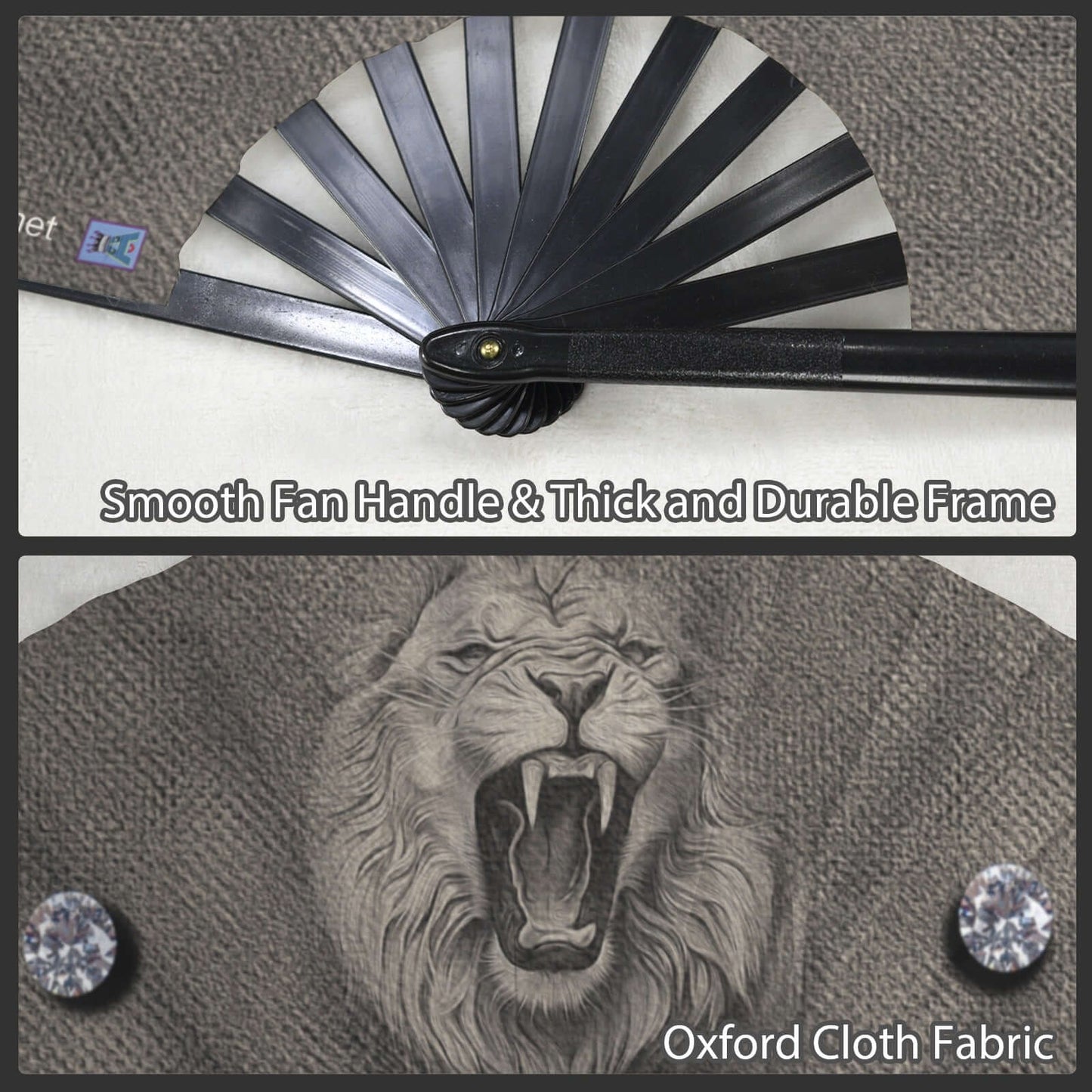 Folding Clack Fan 49 multi colored floral butterflies Hand fan with smooth handle and thick frame, featuring a lion design on fabric.