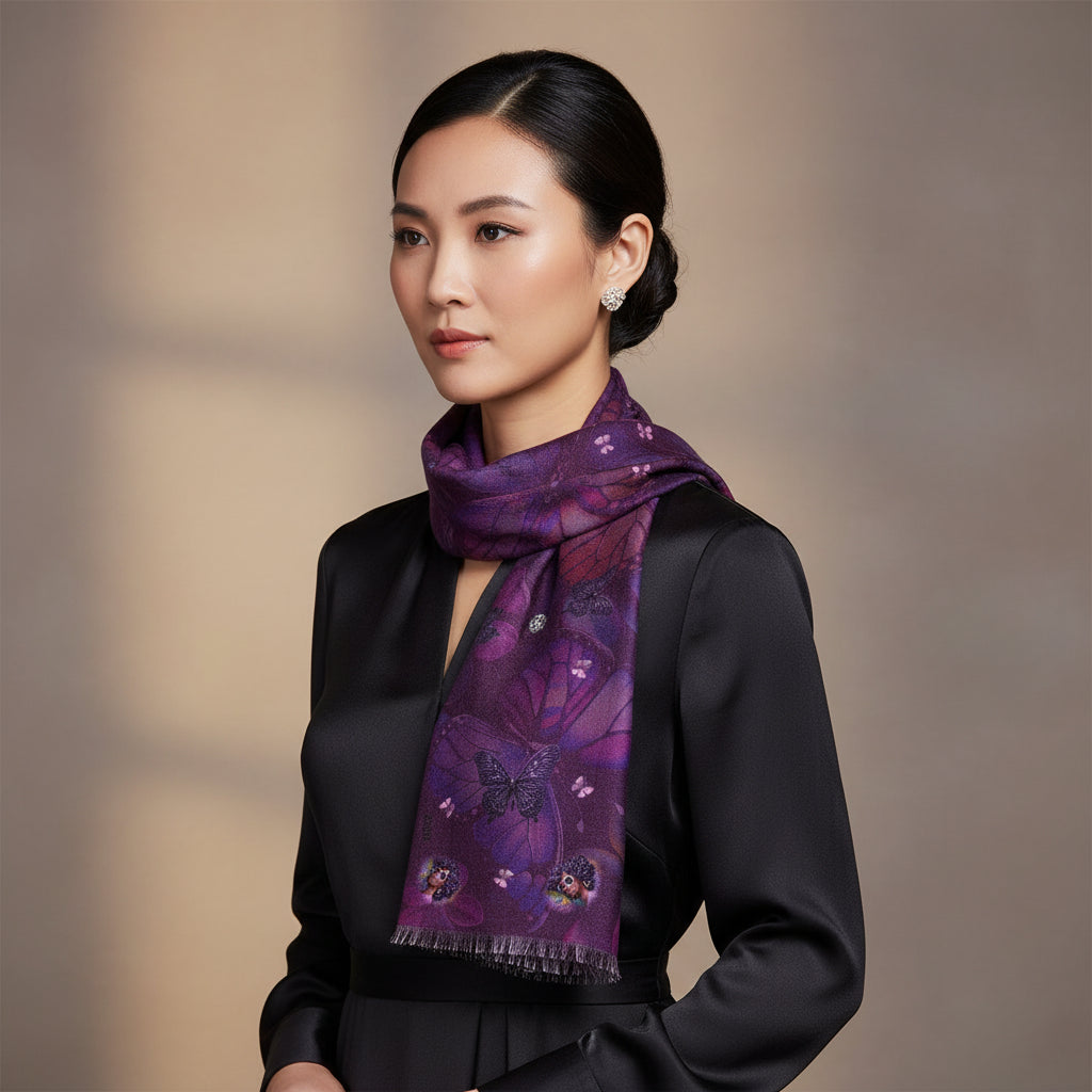 Purple butterfly patterned scarf on a white background