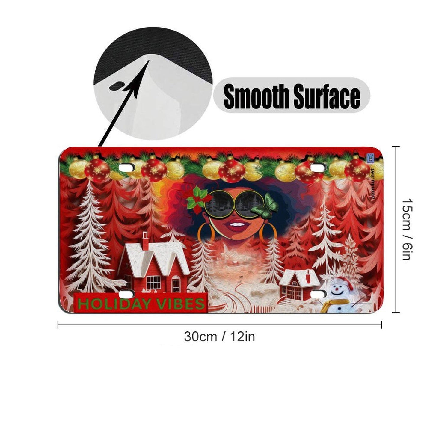 ALIM4U- Holiday Vibes Christmas Car License Plate a snow man, house sitting amongst pine trees covered with snow, a Black girl with an afro and sun glasses, on a red and white background -11.8”x5.9”