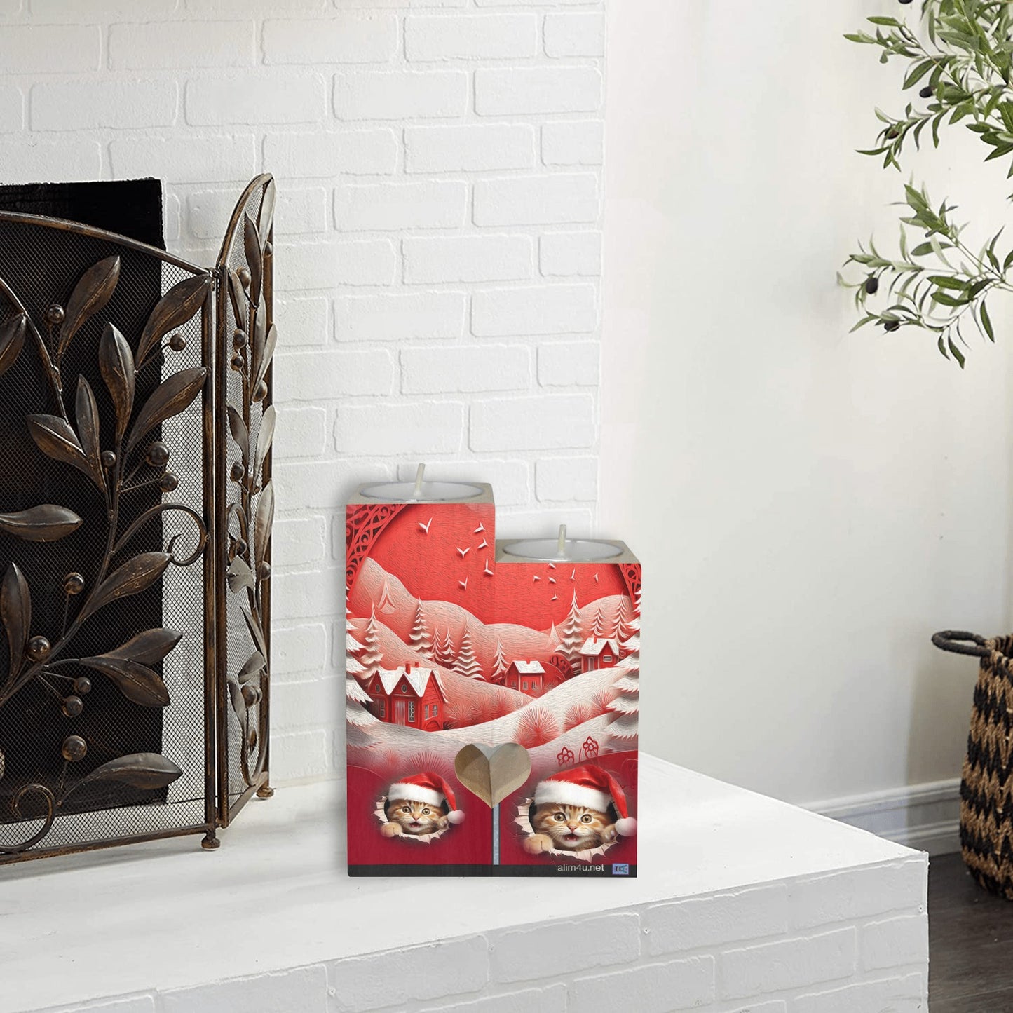 ALIM4U- Kittys Christmas 2 Wooden Heart Candle Holder