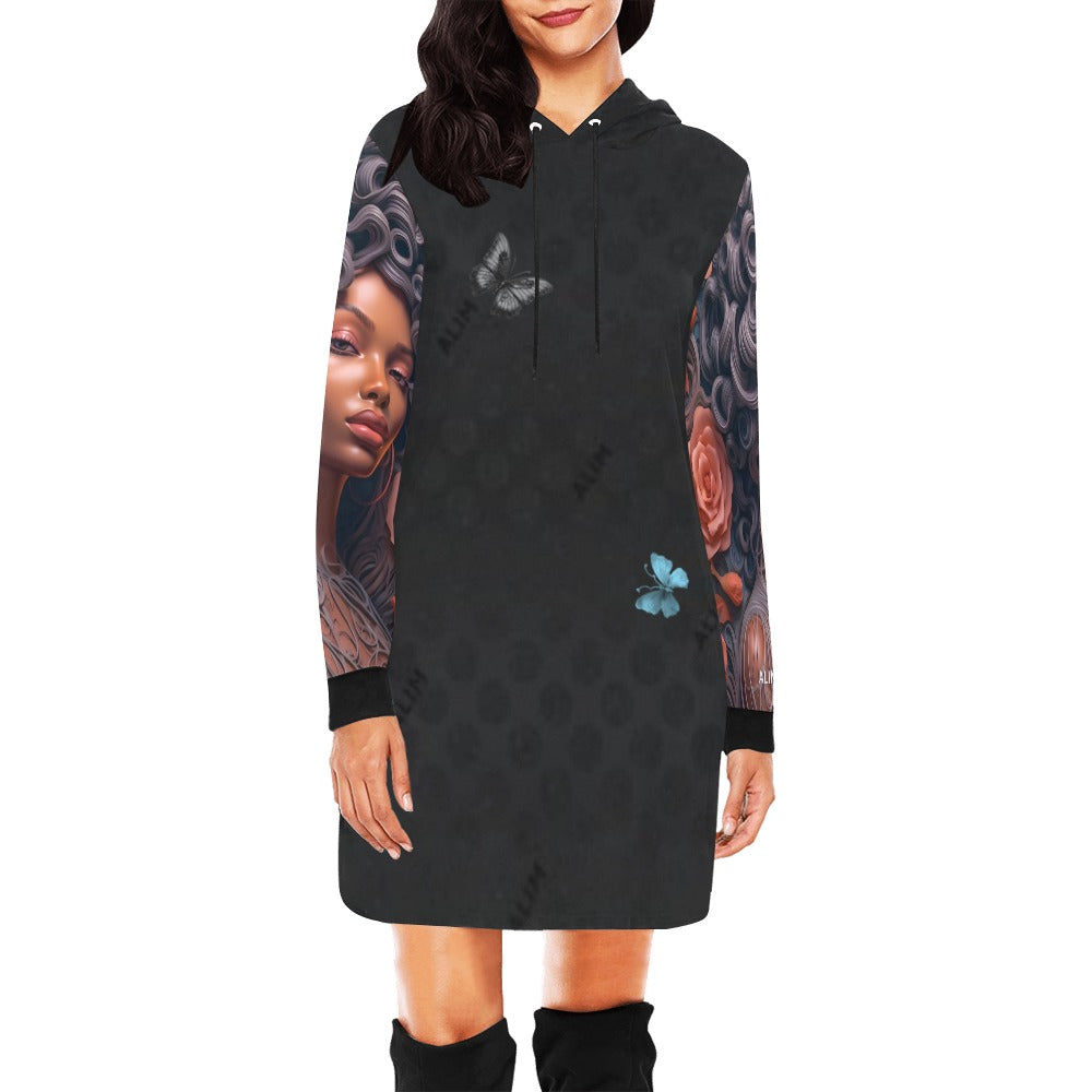 ALIM4U- (Back and Sleeves) Black Woman 4 Women's All Over Print Hoodie Mini Dress(Model H27)