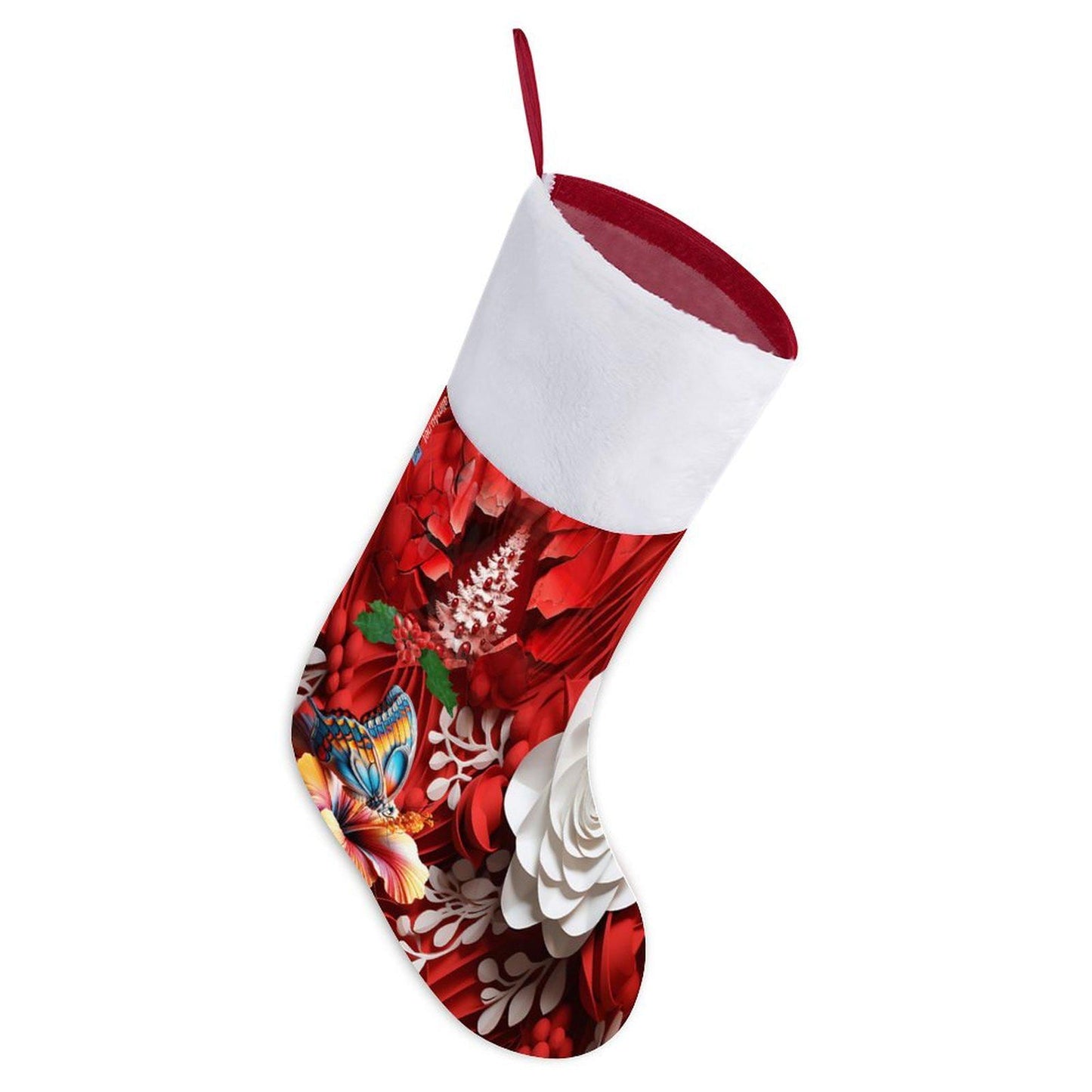 ALIM4U- Floral with monarch butterfly Santa Stocking with a red and white theme, the butterfly adds a taste of orange and teal.