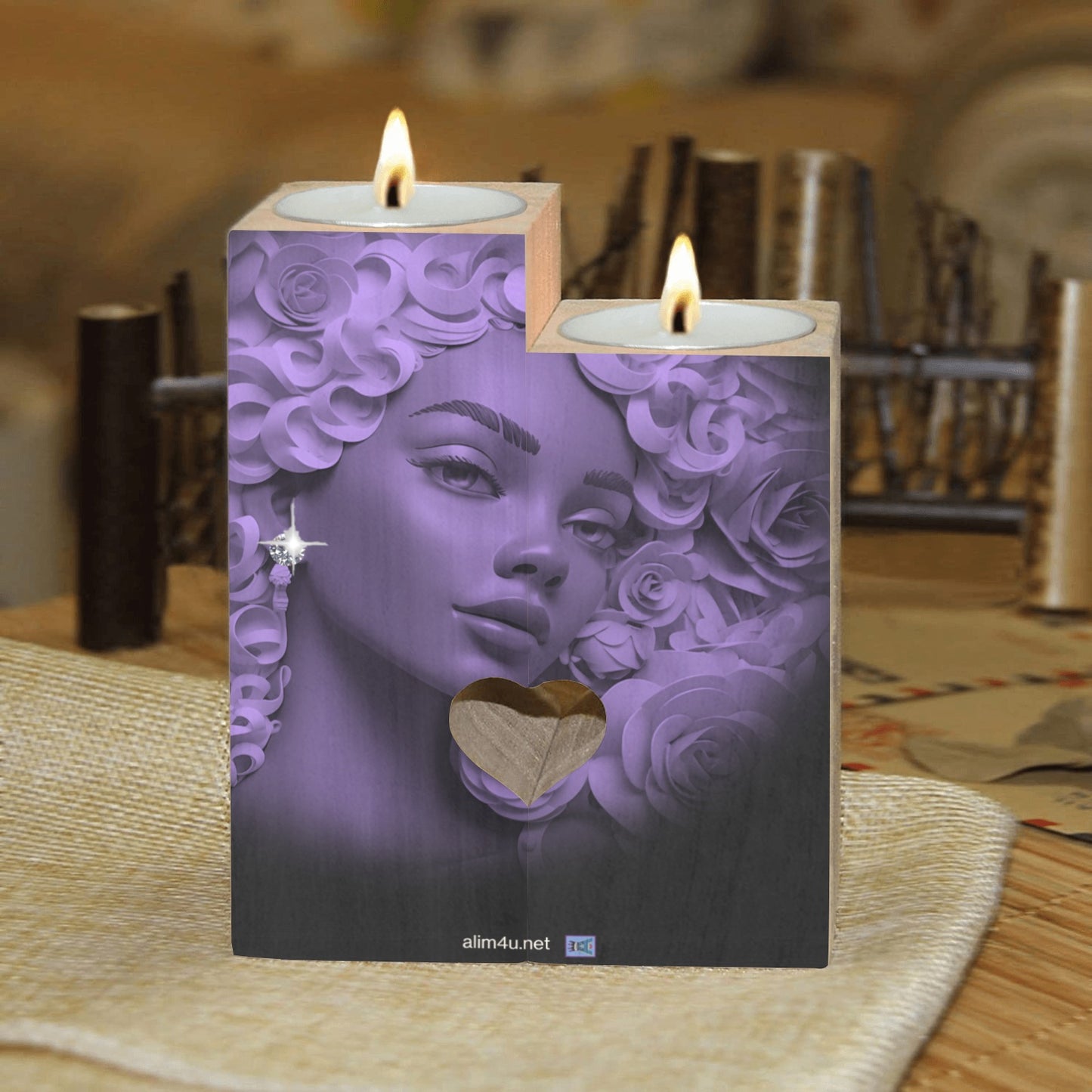 ALIM4U-Purple Sparkle Wooden Heart Candle Holder
