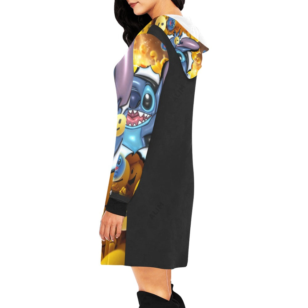 ALIM4U- Blue Cartoon Favorite Women's All Over Print Hoodie Mini Dress(Model H27)