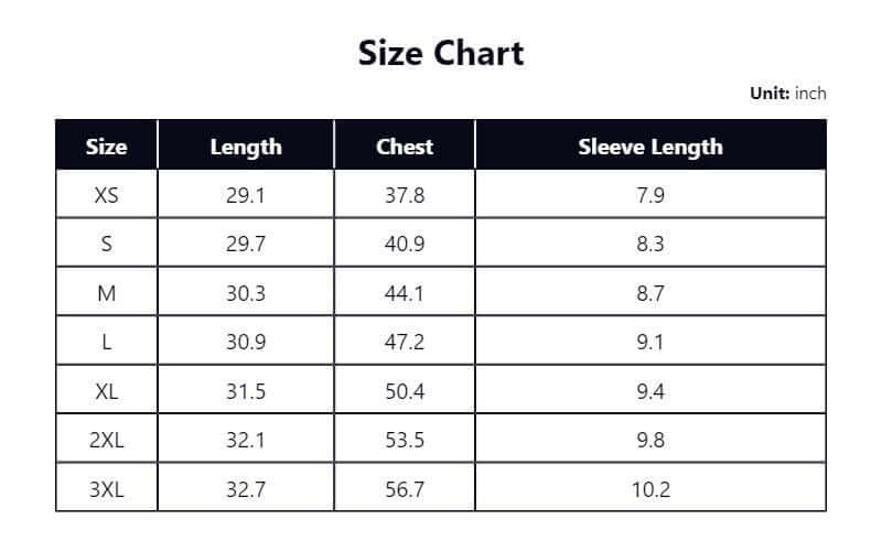 Size chart for clothing measurements in inches