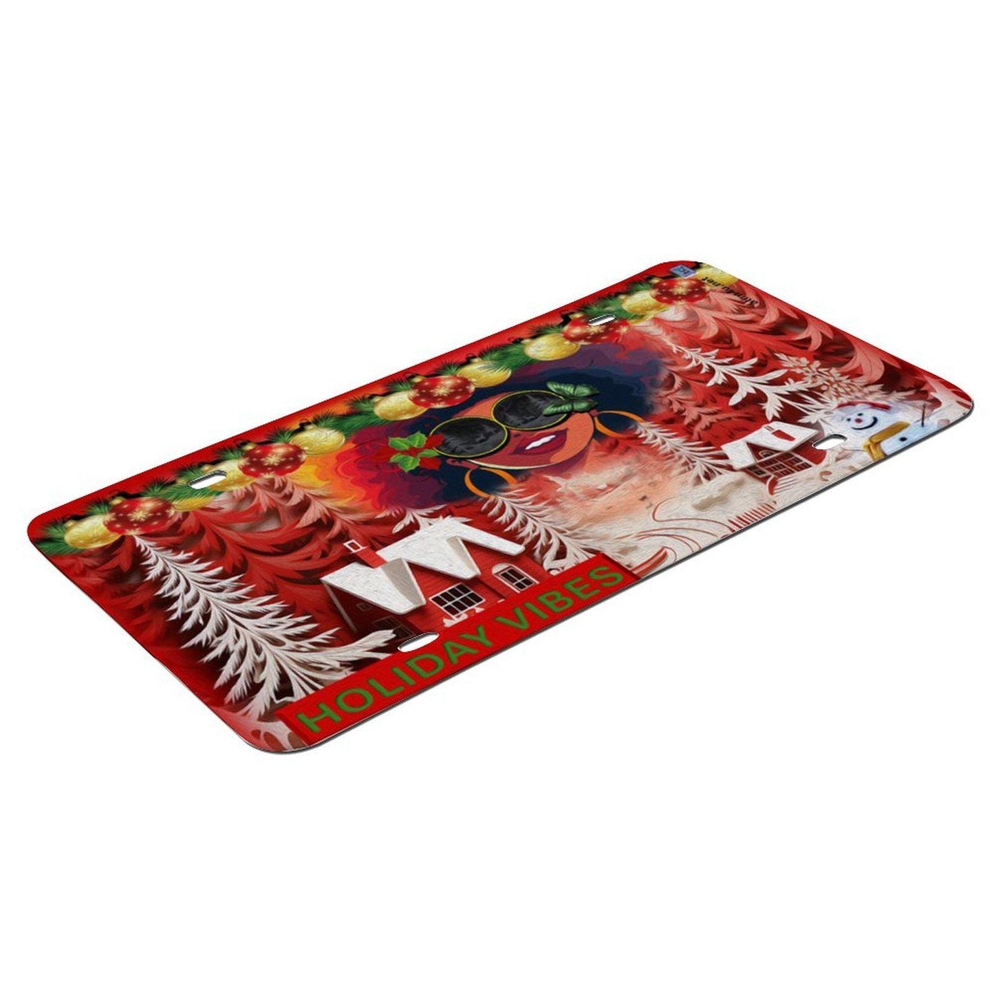 ALIM4U- Holiday Vibes Christmas Car License Plate a snow man, house sitting amongst pine trees covered with snow, a Black girl with an afro and sun glasses, on a red and white background -11.8”x5.9”