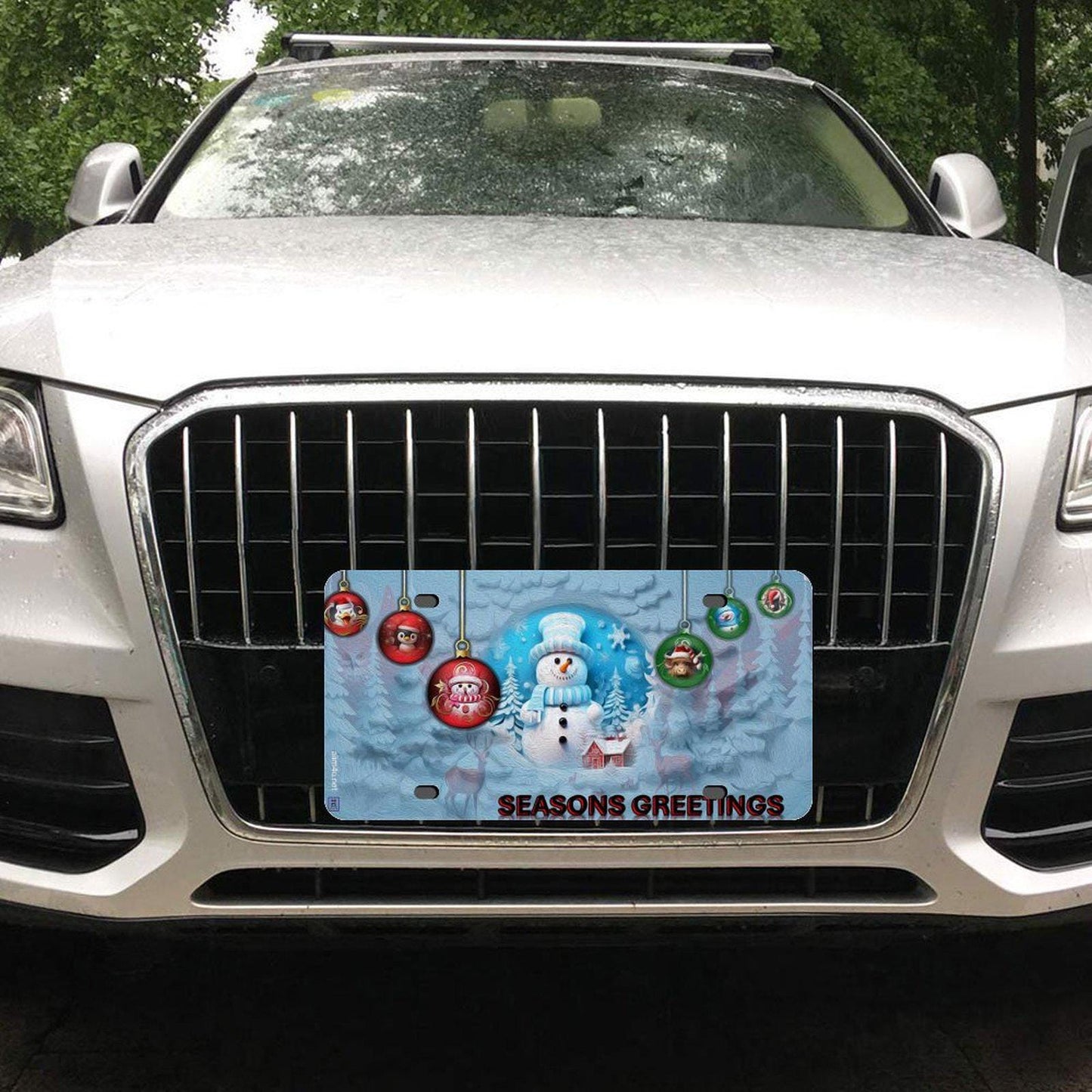 Hanging Christmas ornaments, a snow man, blue tinted snow Car License Plate-11.8”x5.9”