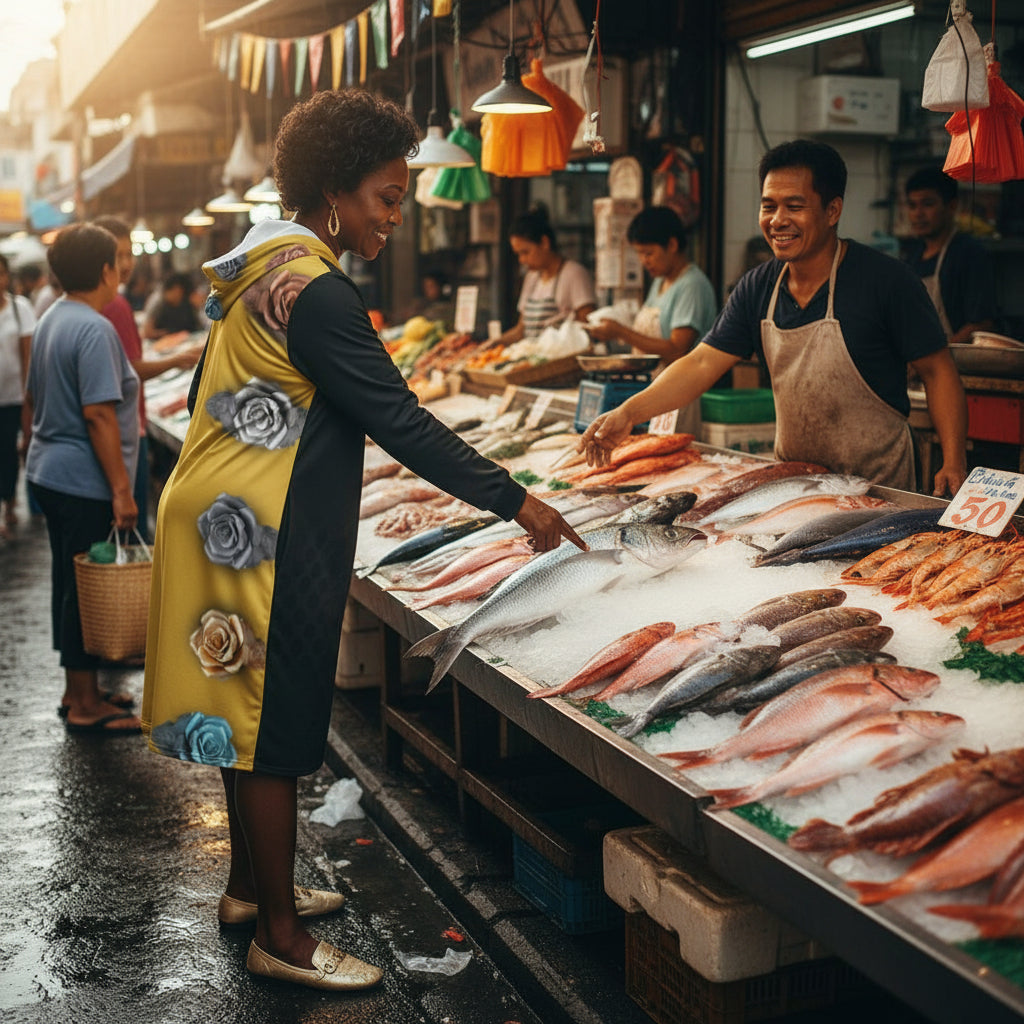 Woman wearing a dress with floral patterns on a white background