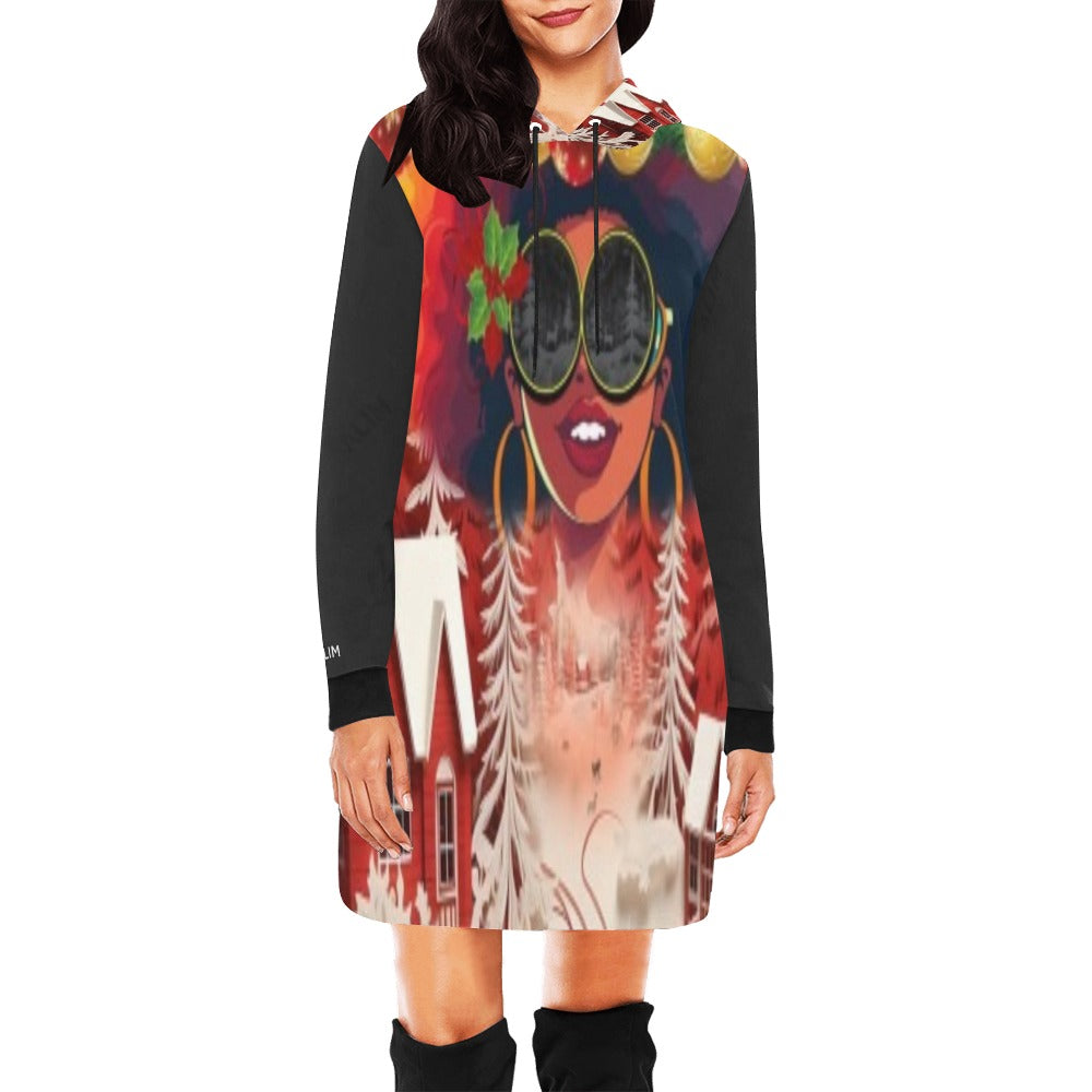 ALIM4U- Woman with Afro Christmas Scene Women's All Over Print Hoodie Mini Dress(Model H27)