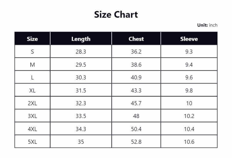 Size chart for clothing measurements in inches