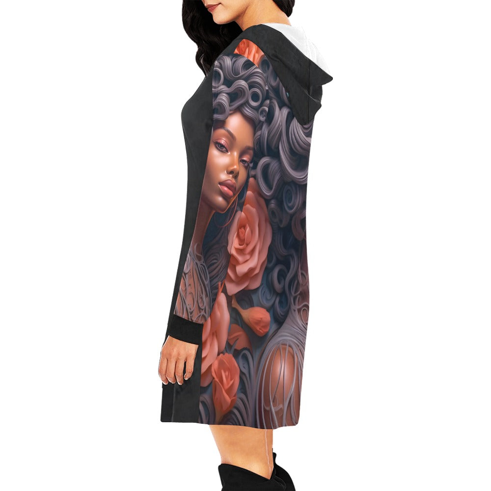 ALIM4U- (Back and Sleeves) Black Woman 4 Women's All Over Print Hoodie Mini Dress(Model H27)