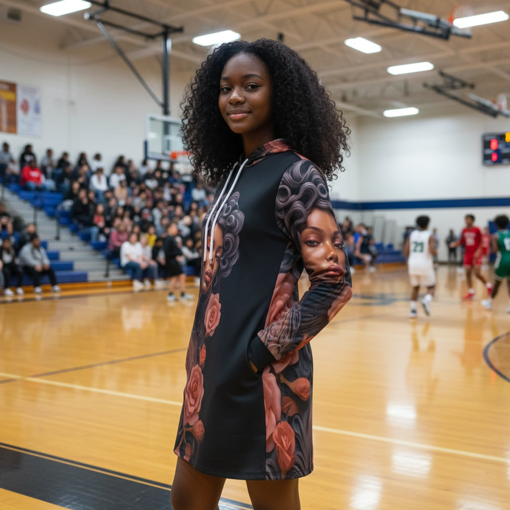 Hoodie with a design of a woman's face and roses on a white background