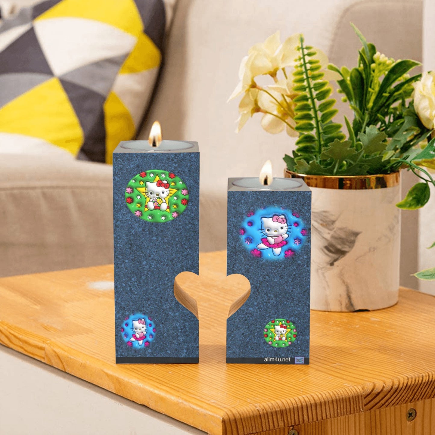 ALIM4U-KitKat Blue Wooden Heart Candle Holder