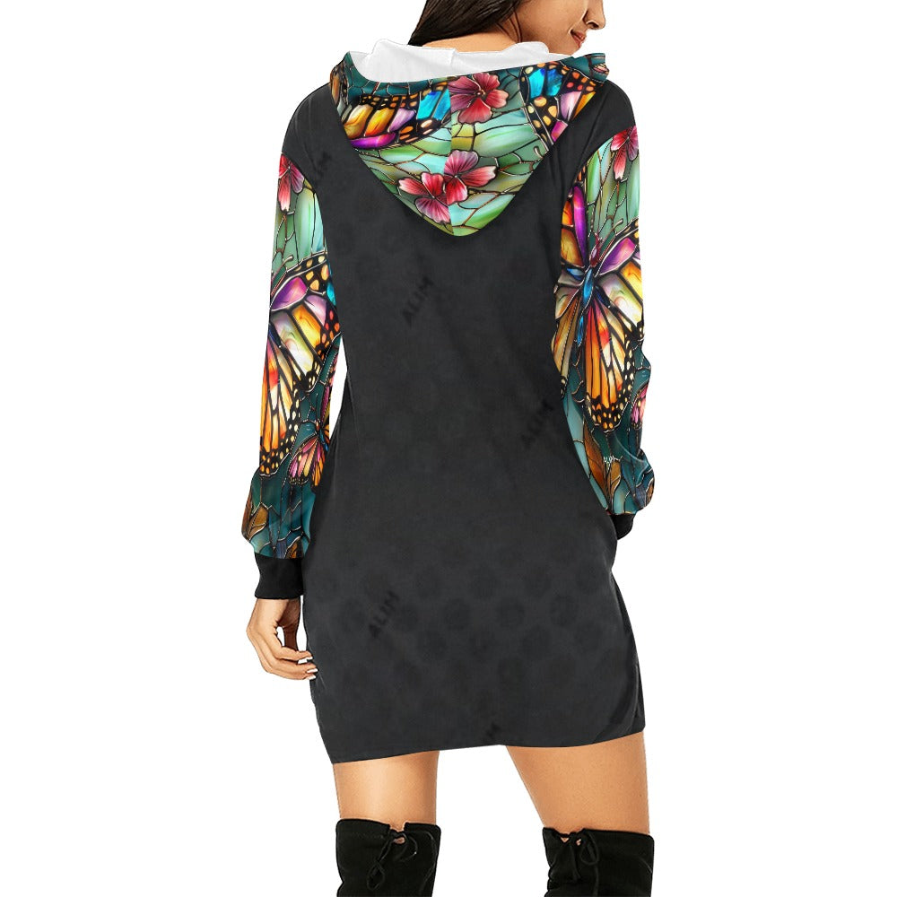 ALIM4U- Stained Glass Monarchs 2 Women's All Over Print Hoodie Mini Dress(Model H27)