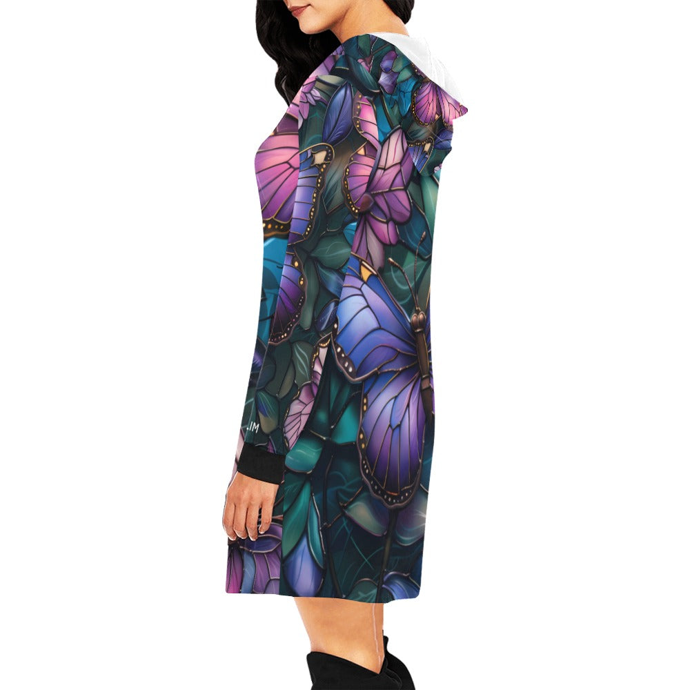 ALIM4U- Stained Glass Butterfly Print Women's All Over Print Hoodie Mini Dress(Model H27)