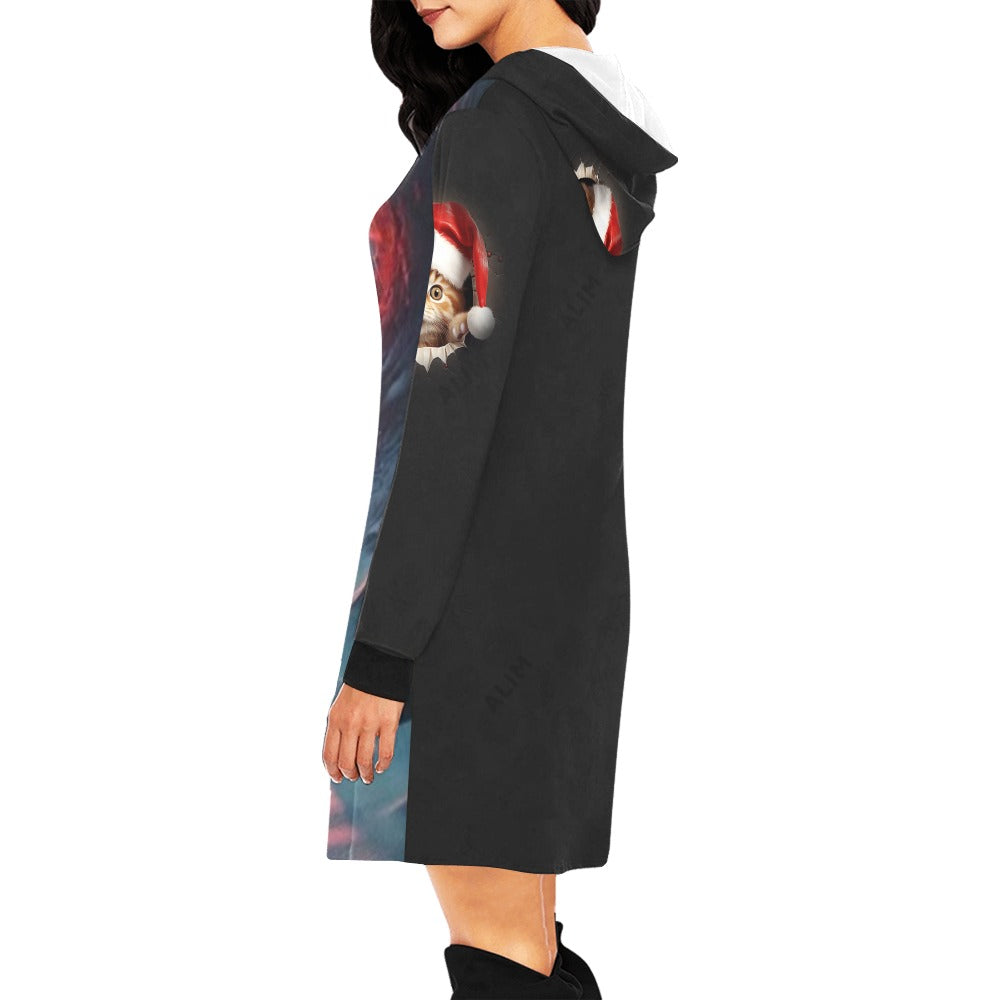 ALIM4U-Kitten in Christmas Stocking Women's All Over Print Hoodie Mini Dress(Model H27)