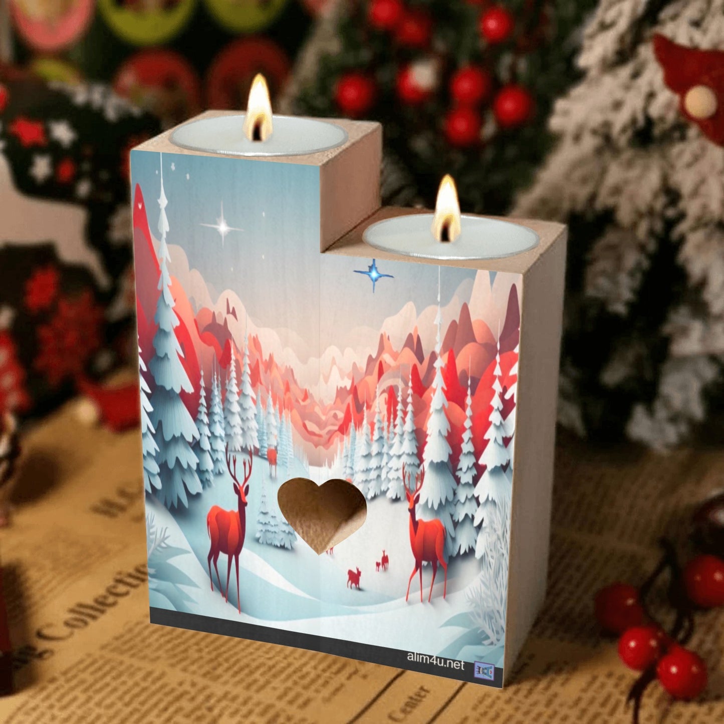 ALIM4U- Snow Drift Wooden Heart Candle Holder