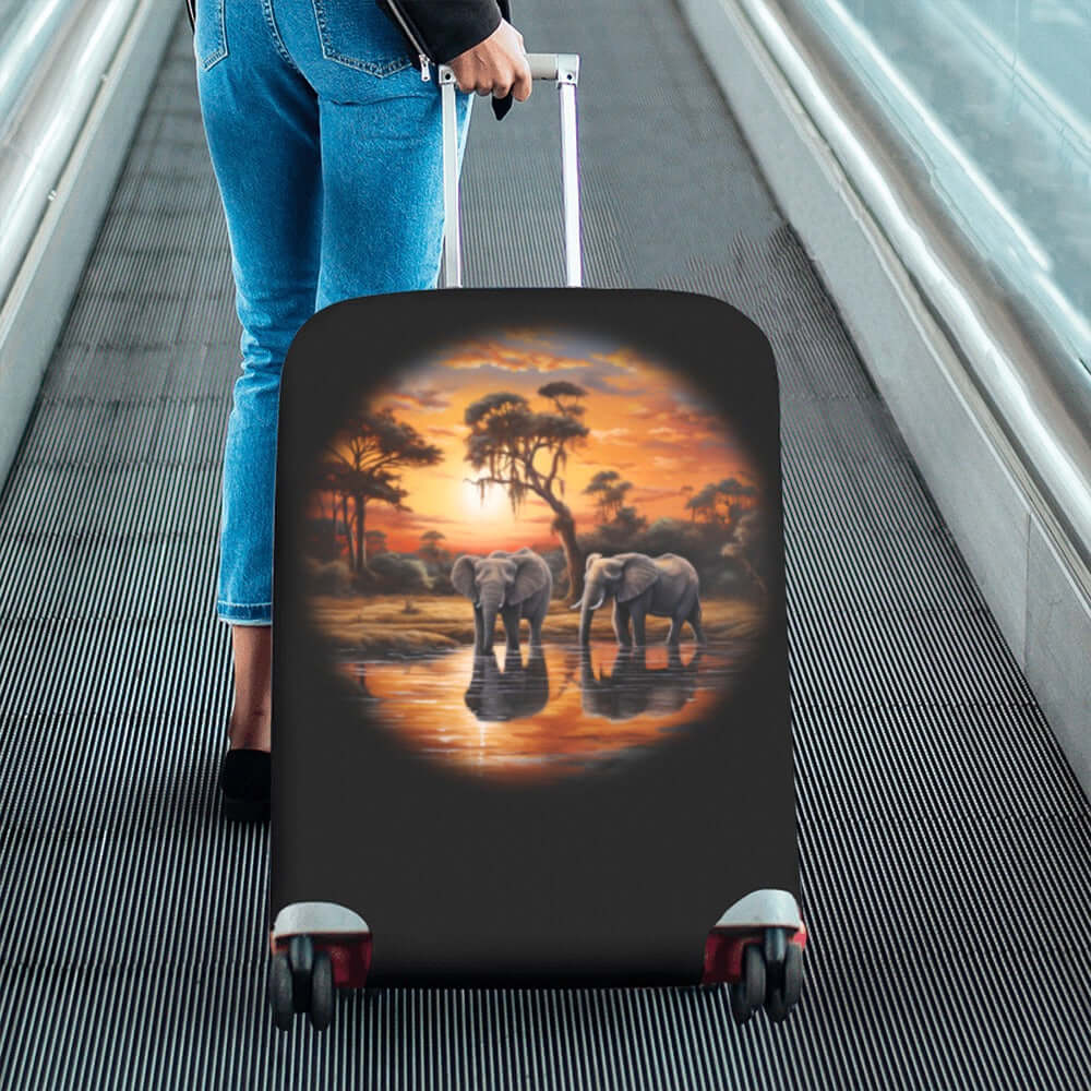 Luggage Cover Large Size Black African Elephants Basking Sunset
