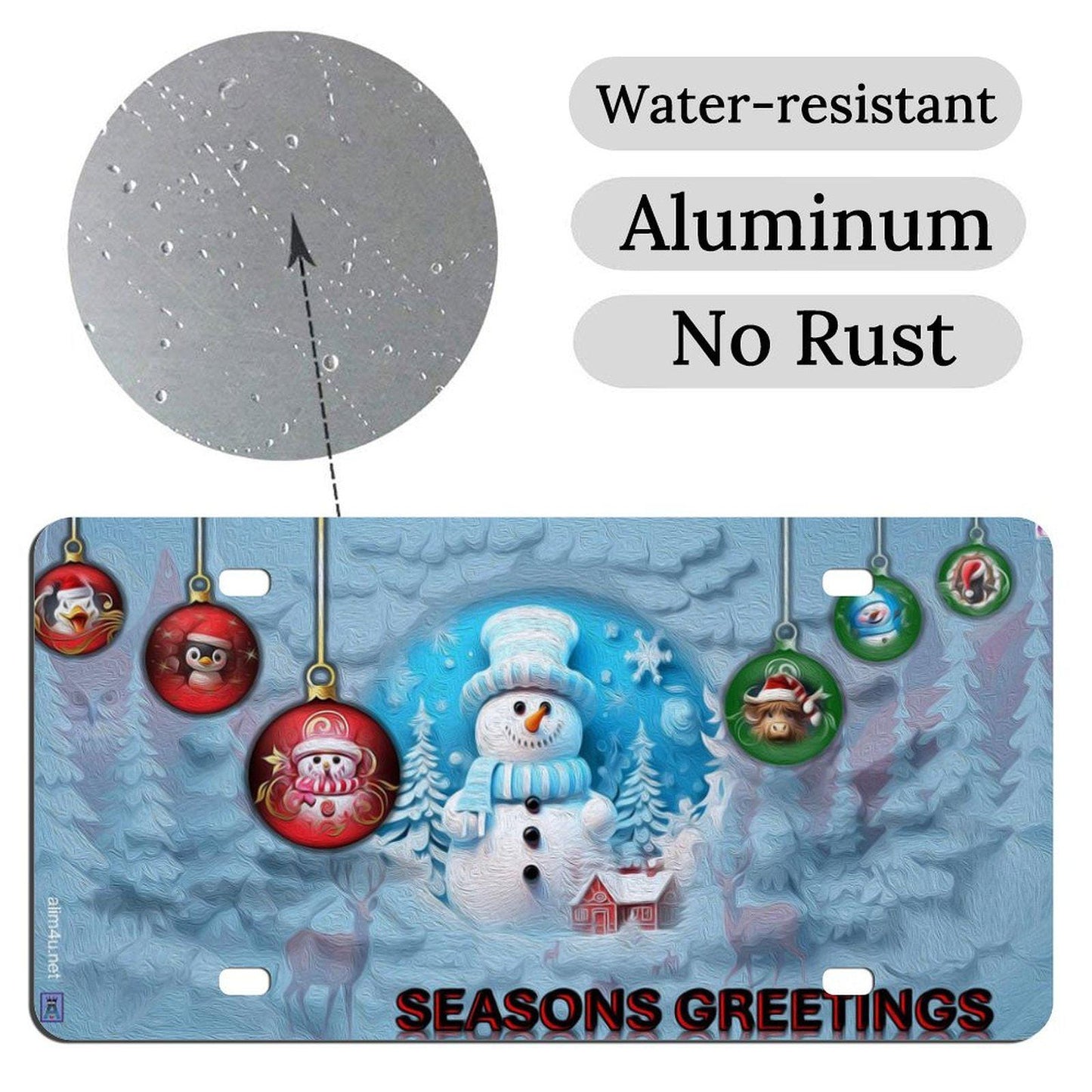 Hanging Christmas ornaments, a snow man, blue tinted snow Car License Plate-11.8”x5.9”