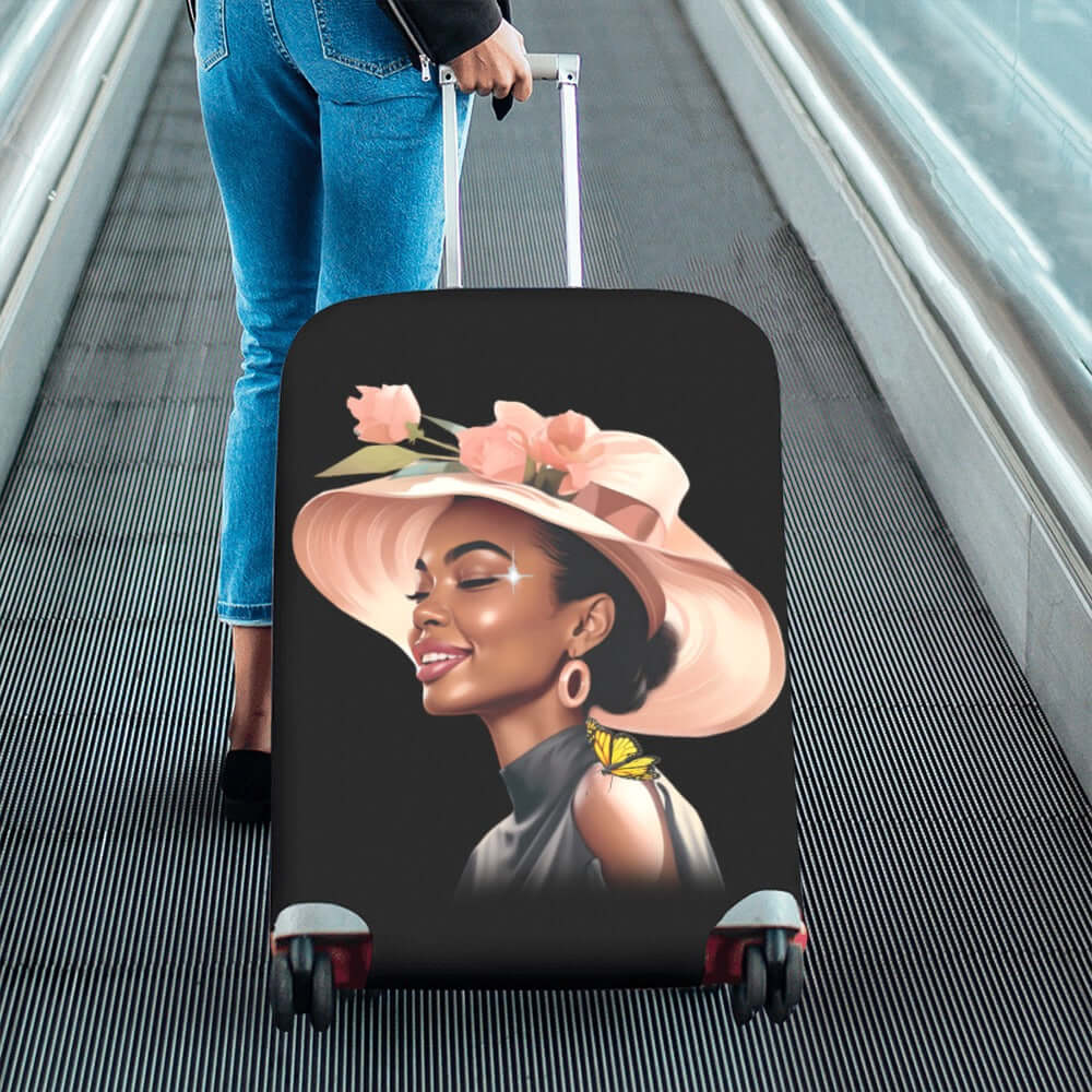 Luggage Cover Large Size 26-28 Woman Pink Church Hat Luggage with a design of a woman wearing a hat and flowers, being pulled on an escalator.