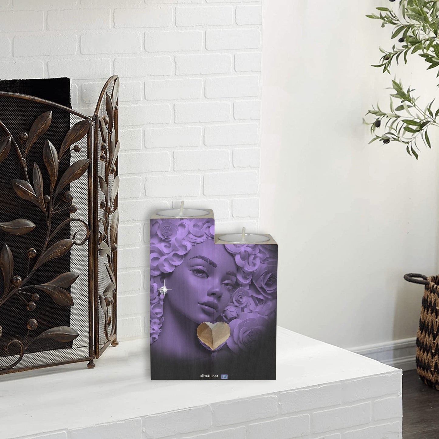 ALIM4U-Purple Sparkle Wooden Heart Candle Holder