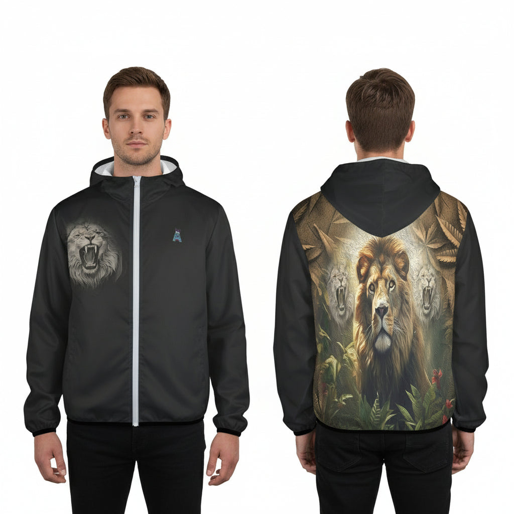 Black jacket with lion design on front and back, white background
