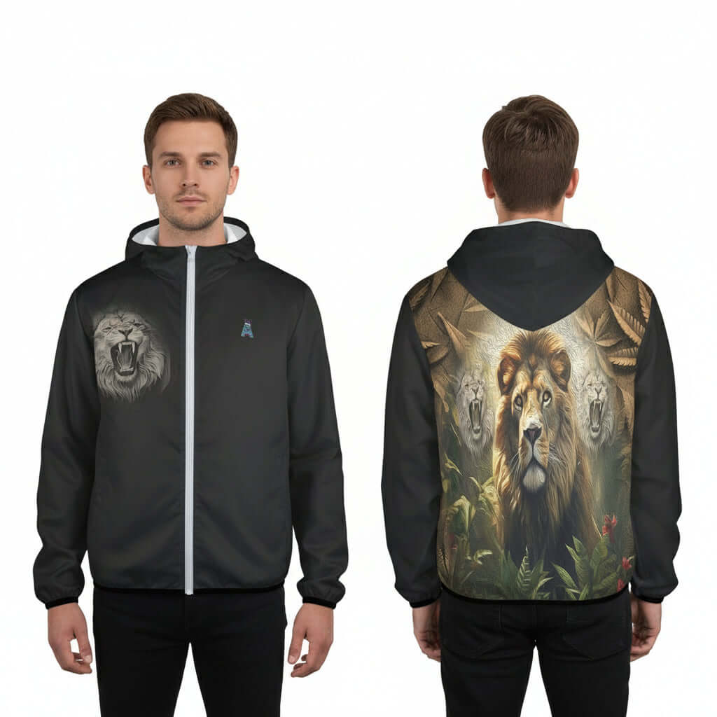 Mens Hoodie Gray Lions Head 3D Cannabis Leaves Black jacket with lion design on front and back, white background