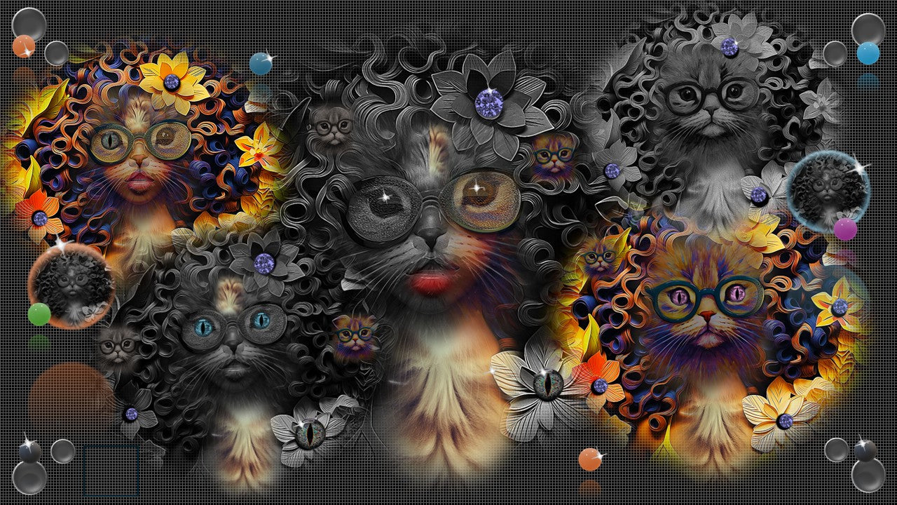 Multi-Colored Feline images Gray Textured Background