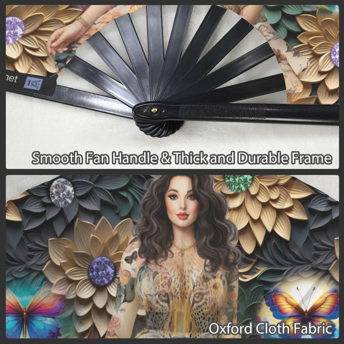 Folding Clack Fan 61 multi colored floral butterflies Decorative fan with floral and butterfly design, featuring text about fan handle and fabric quality.