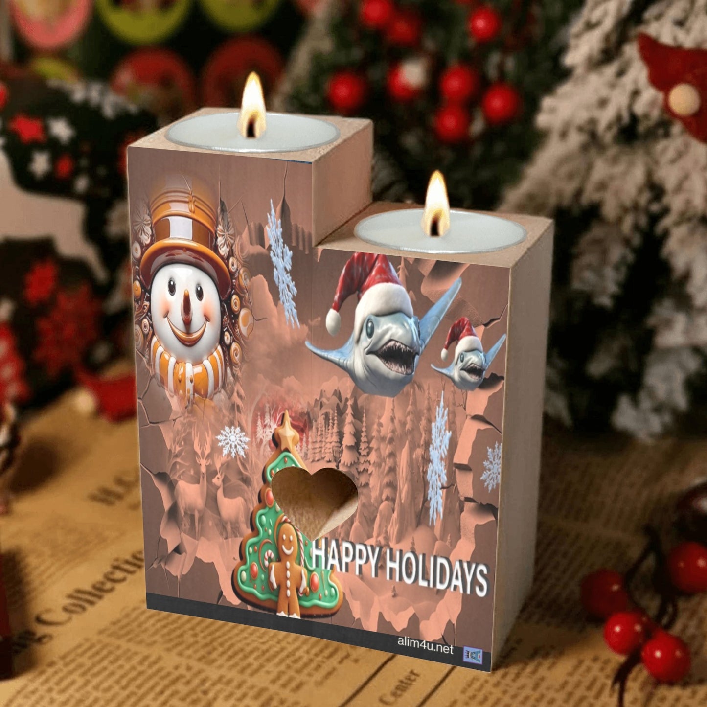 ALIM4U- Shark and Snowman Christmas Wooden Heart Candle Holder