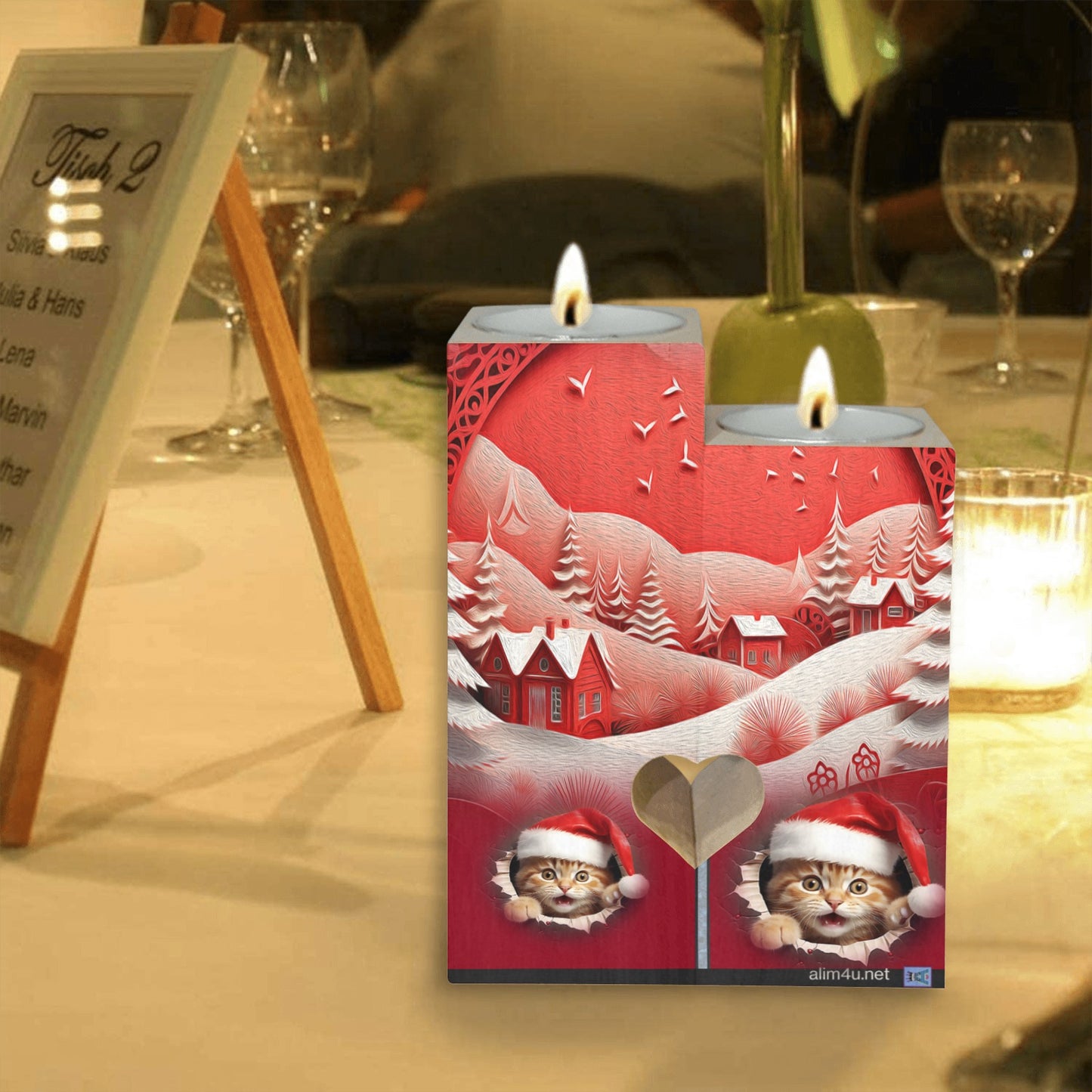 ALIM4U- Kittys Christmas 2 Wooden Heart Candle Holder